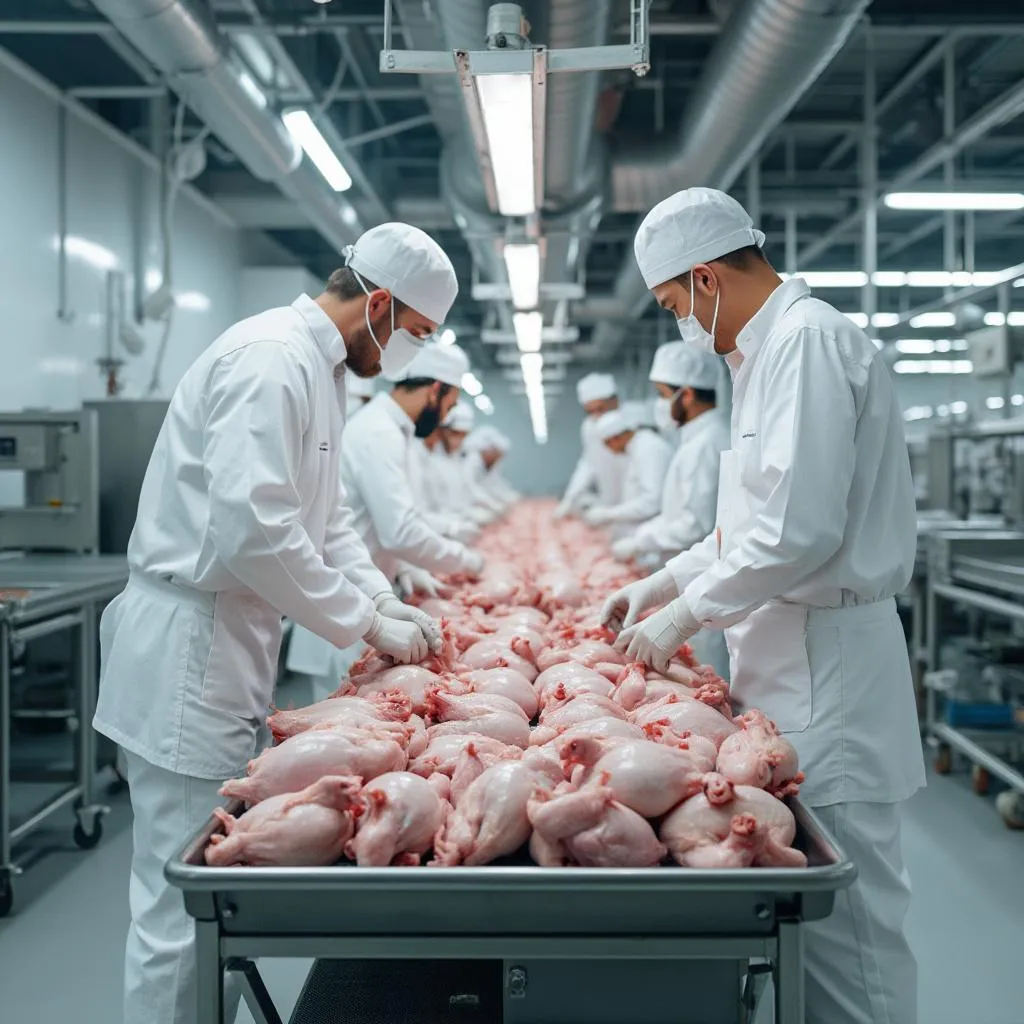 Modern chicken processing facility with clean white environment